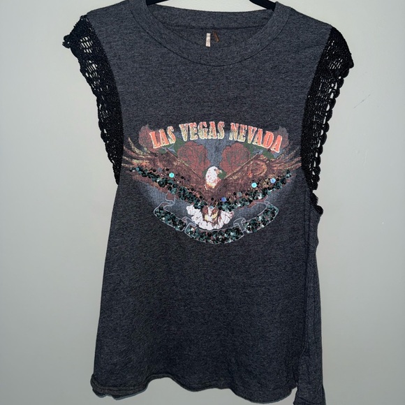Free People Women’s Size S Charcoal Gray Sundown Beaded Sequined Eagle Tank Top - Picture 6 of 11